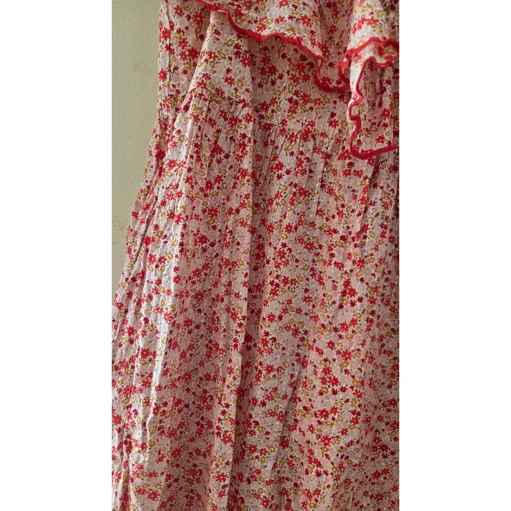 Pink Chicken Girls Floral Ruffle Jumpsuit Red Pink Metallic Lurex Size 7Y